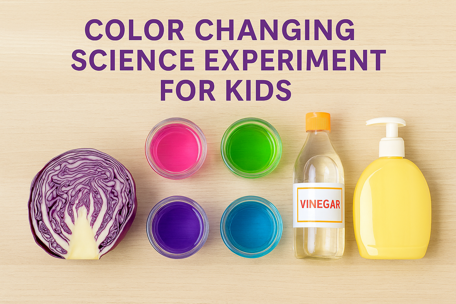 Red cabbage pH experiment setup for kids with colorful test results.