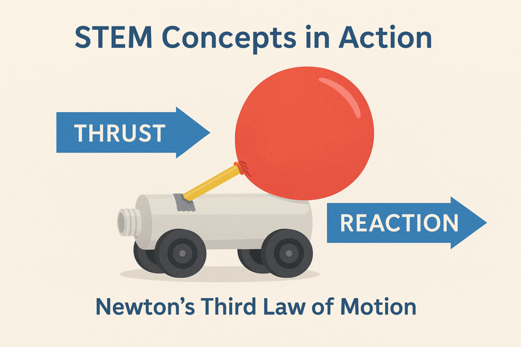 Child testing a homemade balloon powered car to learn motion and thrust